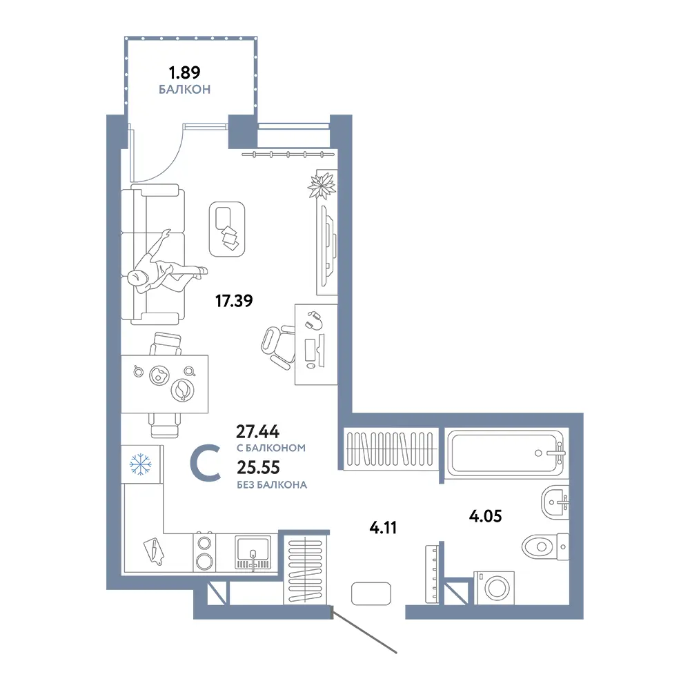 Планировка: Юнион Студия 27,44м²