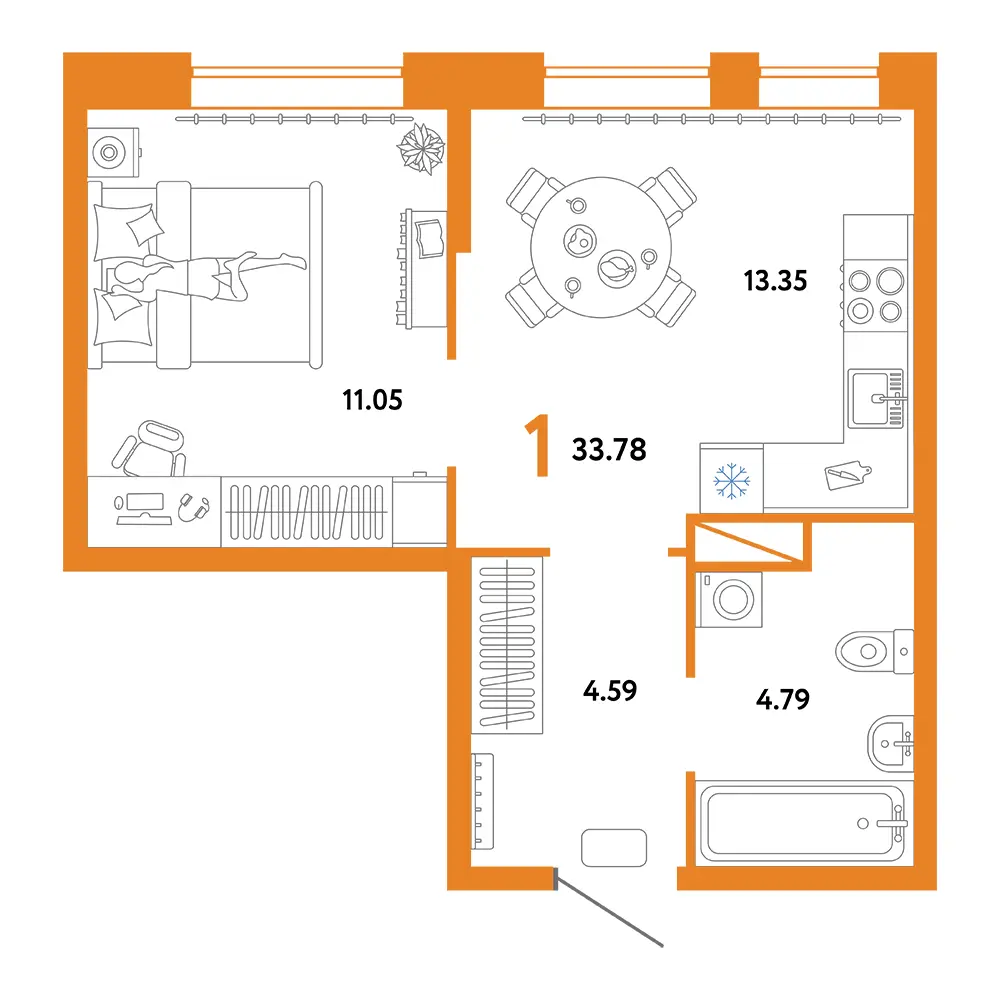 Планировка: Юнион 1-комнатная 33,78м²