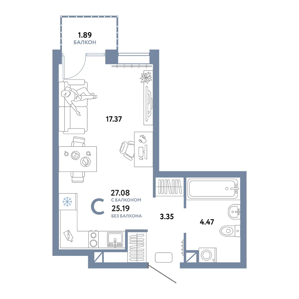 Планировка: Юнион Студия 27,08м²