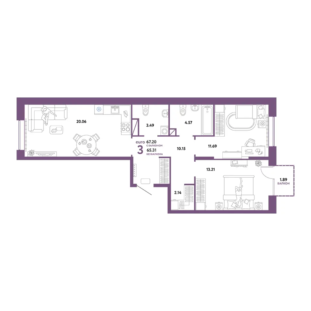 Планировка: Юнион 3-комнатная 67,20м²