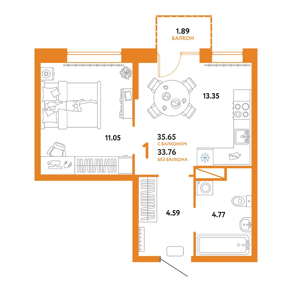 Планировка: Юнион 1-комнатная 35,65м²