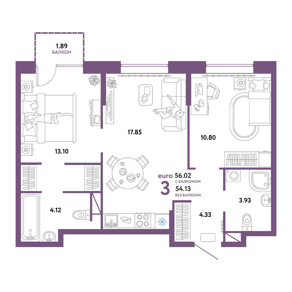 Планировка: Юнион 3-комнатная 56,02м²