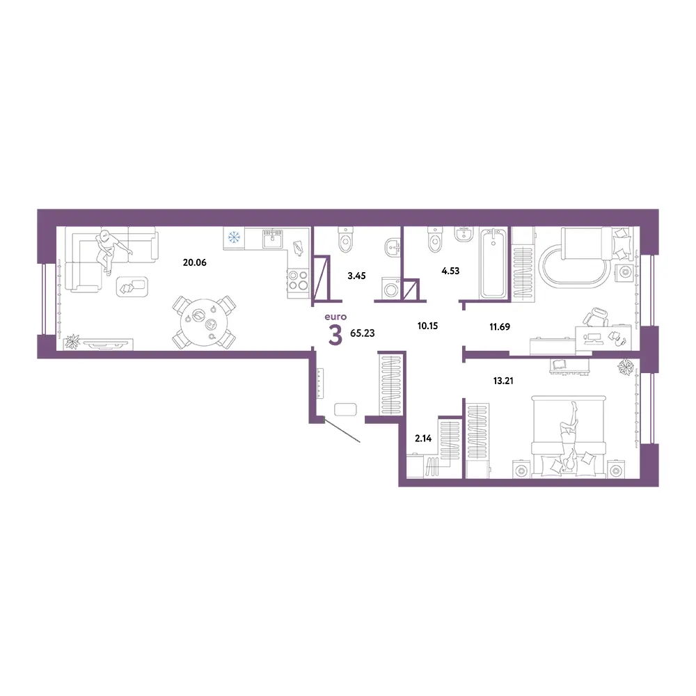 Планировка: Юнион 3-комнатная 65,23м²