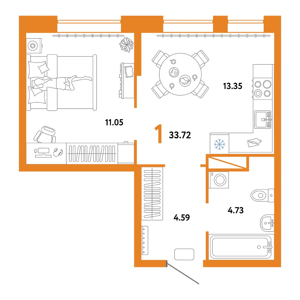 Планировка: Юнион 1-комнатная 33,72м²