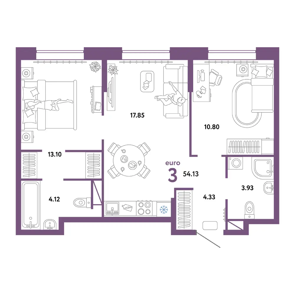 Планировка: Юнион 3-комнатная 54,13м²