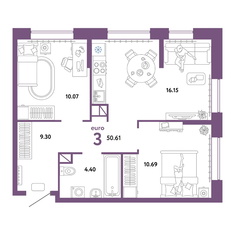 Планировка: Юнион 3-комнатная 50,61м²