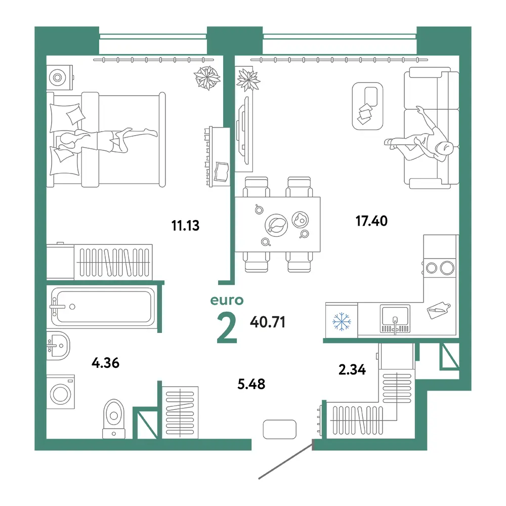 Планировка: Юнион 2-комнатная 40,71м²