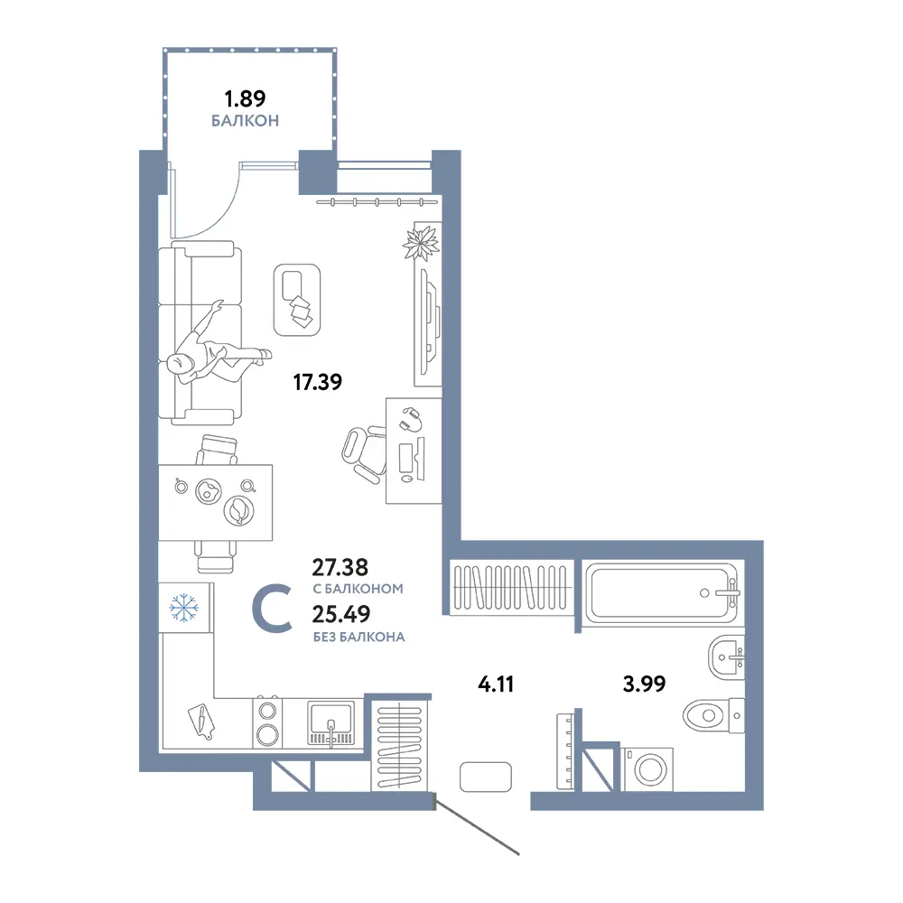 Планировка: Юнион Студия 27,38м²