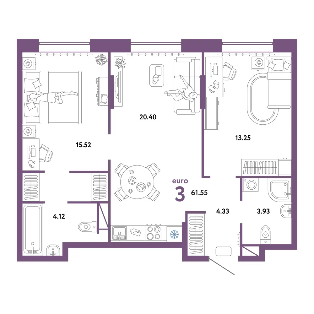 Планировка: Юнион 3-комнатная 61,55м²