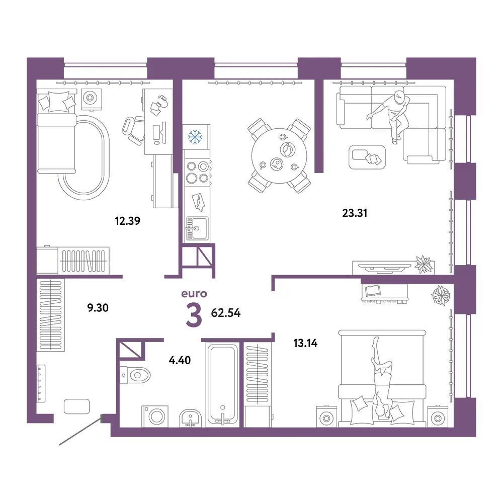 Планировка: Юнион 3-комнатная 62,54м²