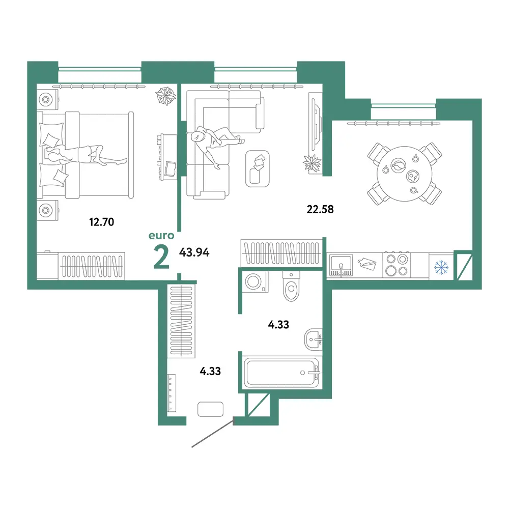 Планировка: Юнион 2-комнатная 43,94м²