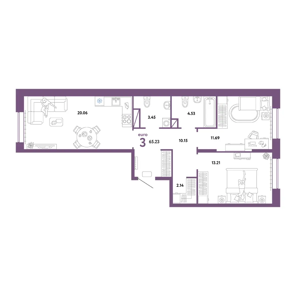 Планировка: Юнион 3-комнатная 65,23м²