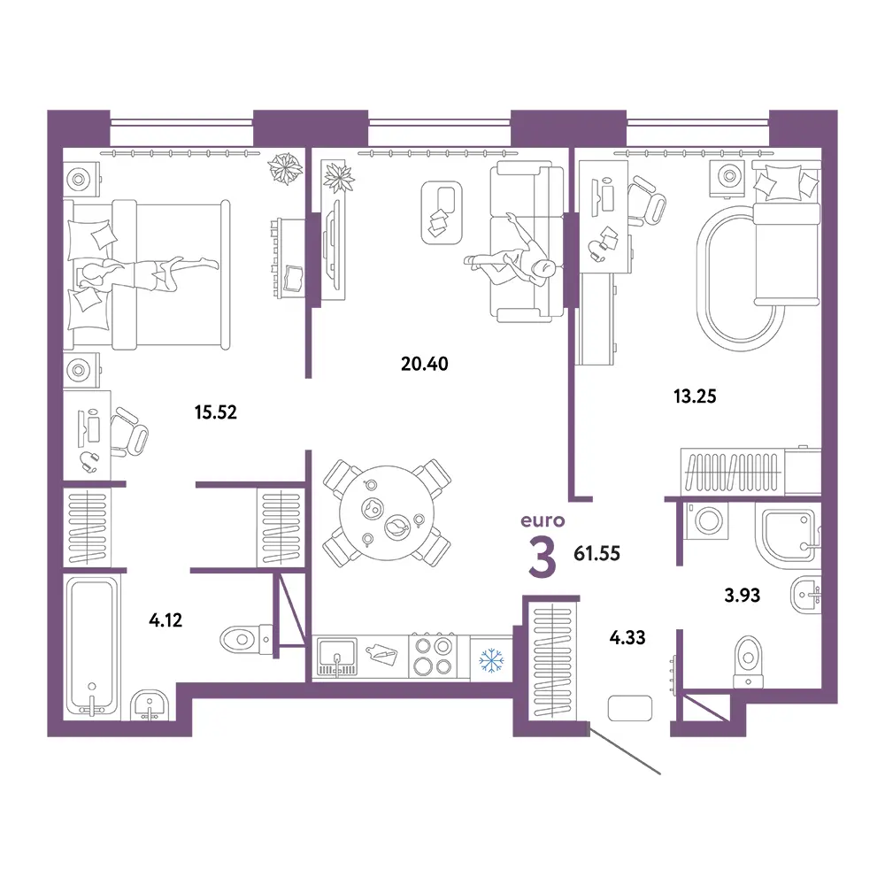 Планировка: Юнион 3-комнатная 61,55м²