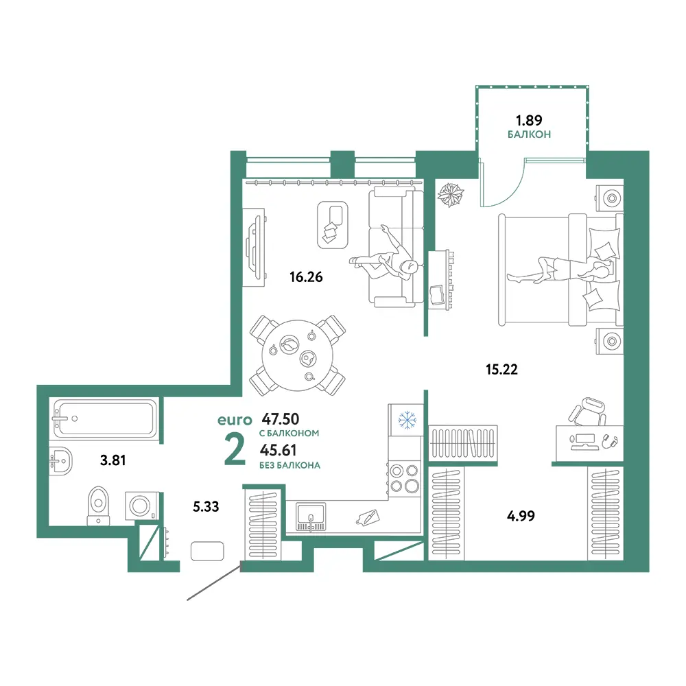 Планировка: Юнион 2-комнатная 47,50м²
