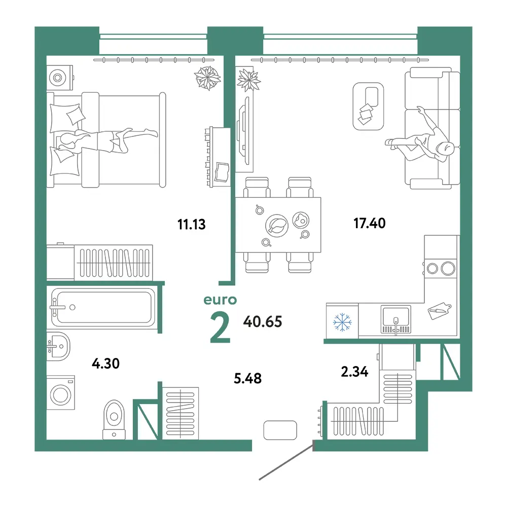 Планировка: Юнион 2-комнатная 40,65м²