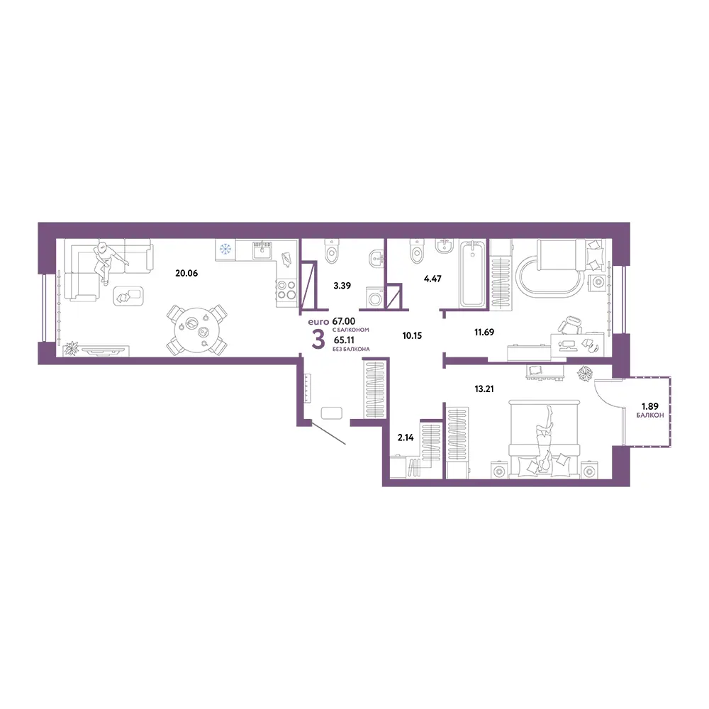 Планировка: Юнион 3-комнатная 67,00м²
