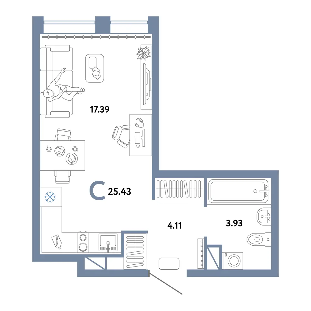 Планировка: Юнион Студия 25,43м²