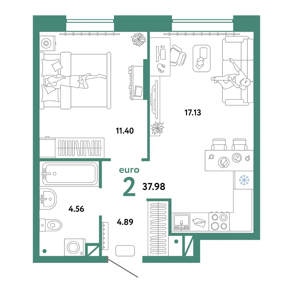 Планировка: Юнион 2-комнатная 37,98м²