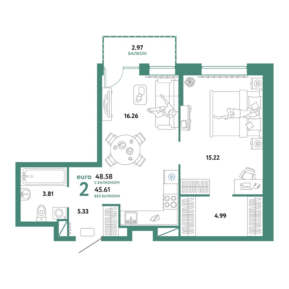 Планировка: Юнион 2-комнатная 48,58м²