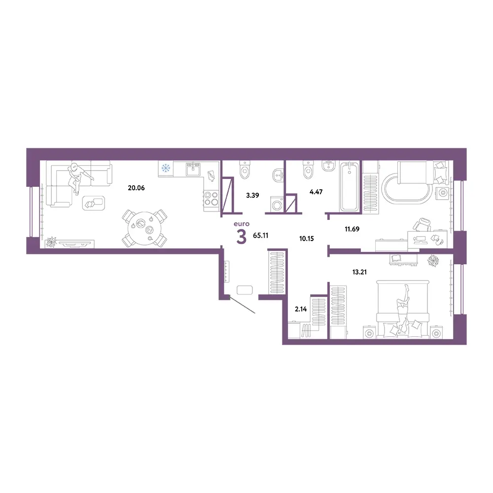 Планировка: Юнион 3-комнатная 65,11м²