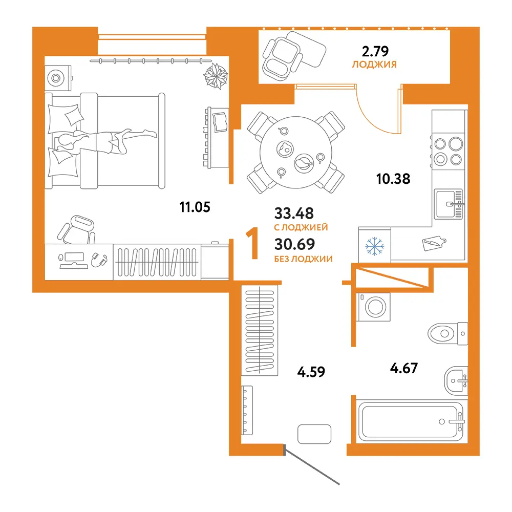 Планировка: Юнион 1-комнатная 33,48м²