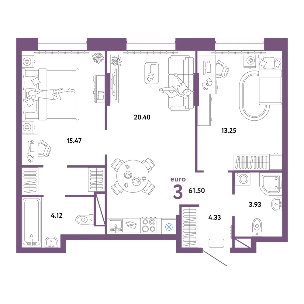 Планировка: Юнион 3-комнатная 61,50м²