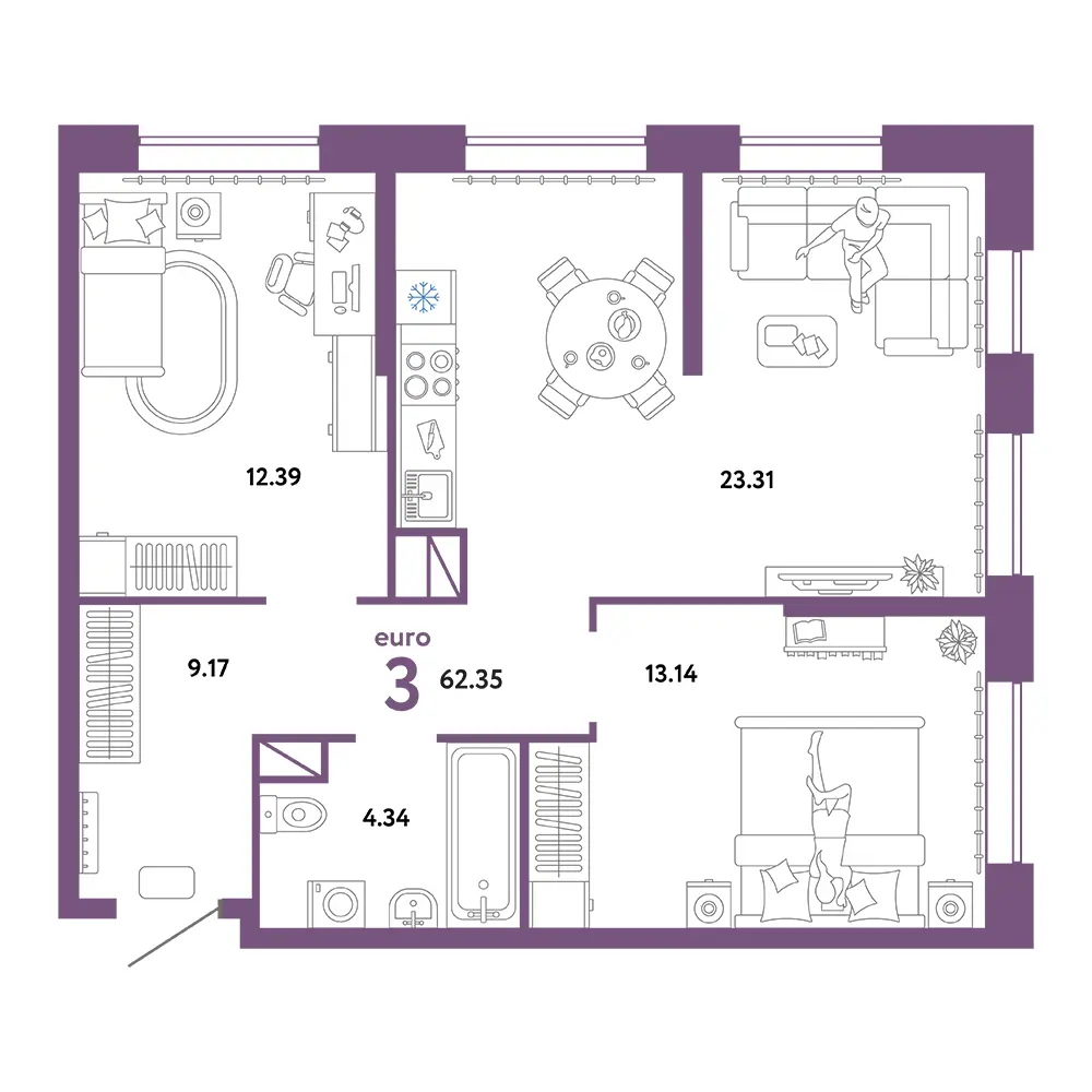 Планировка: Юнион 3-комнатная 62,35м²