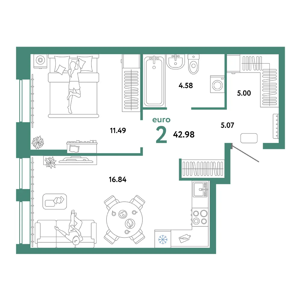 Планировка: Юнион 2-комнатная 42,98м²