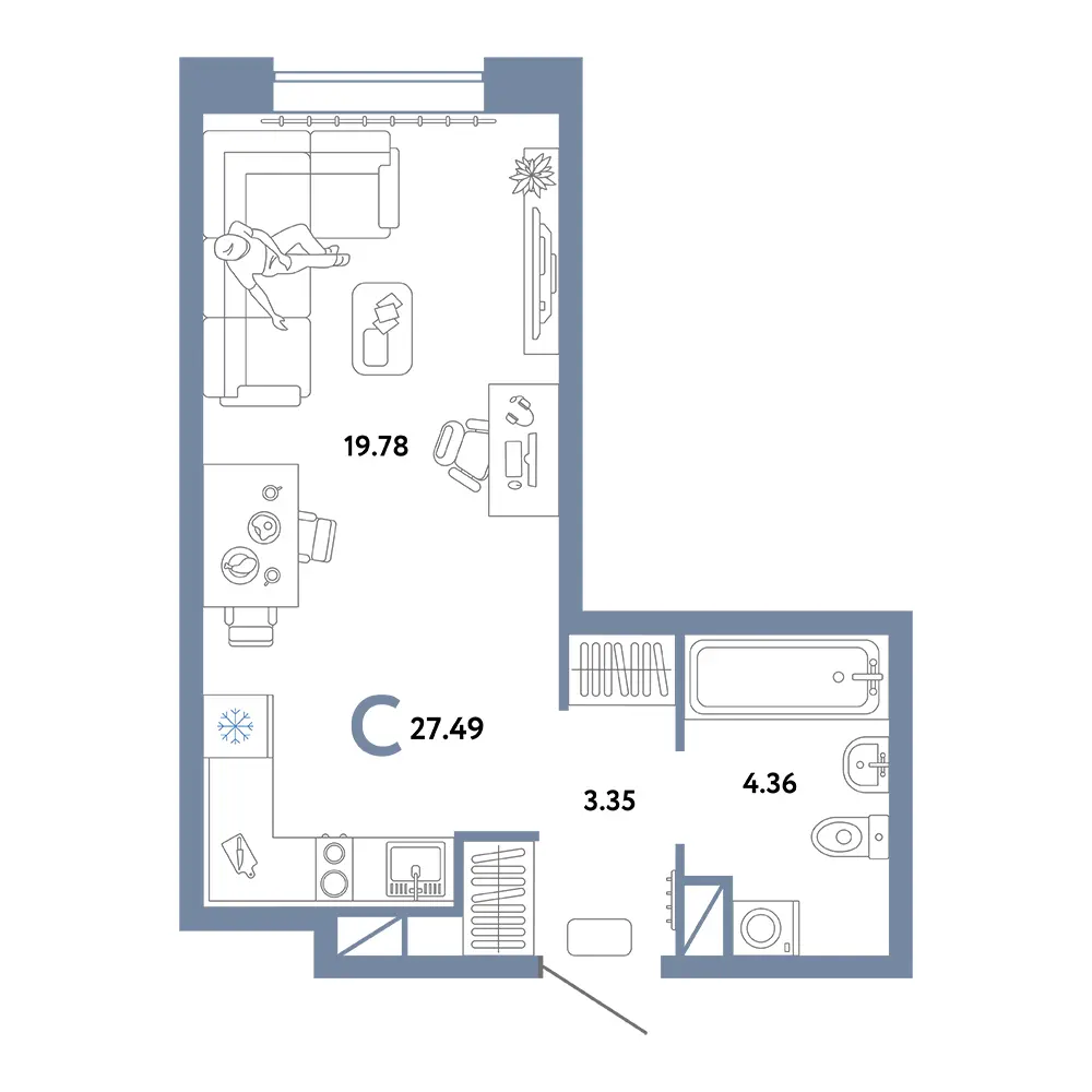 Планировка: Юнион Студия 27,49м²