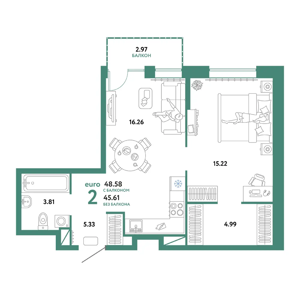 Планировка: Юнион 2-комнатная 48,68м²