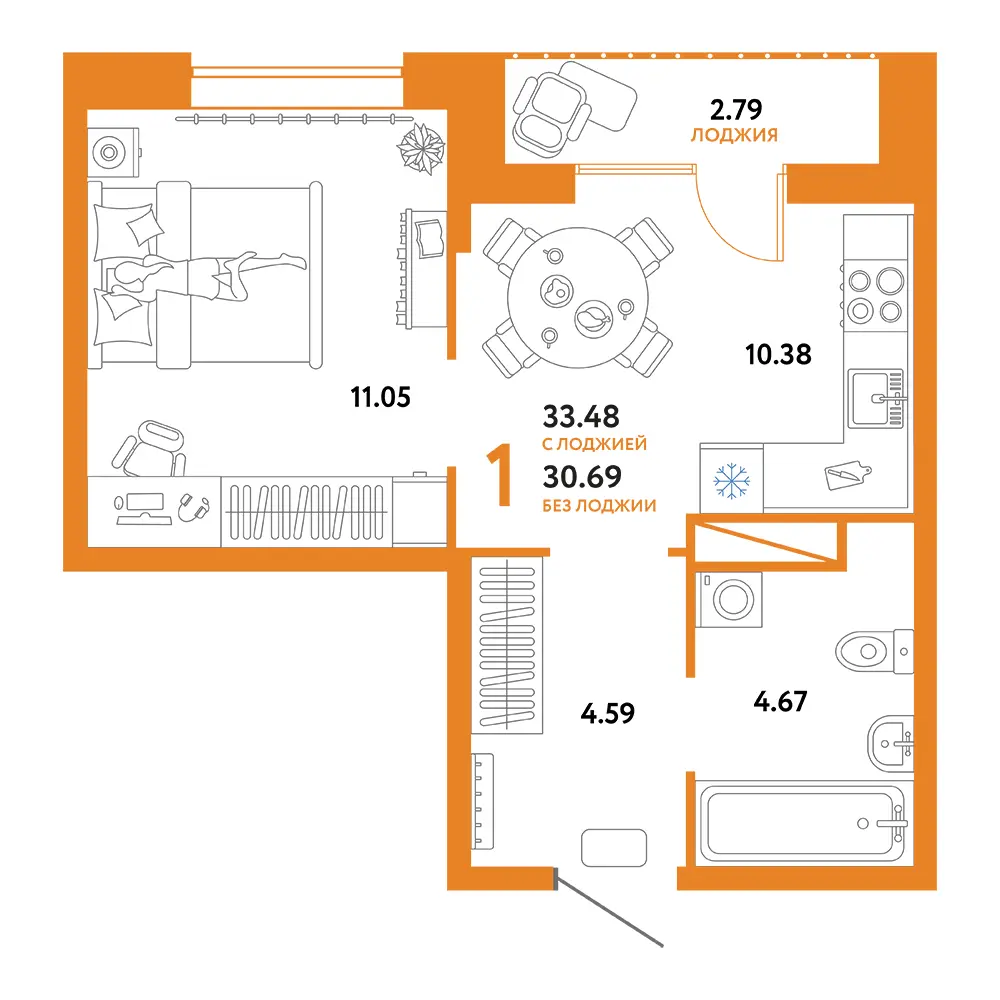 Планировка: Юнион 1-комнатная 33,48м²