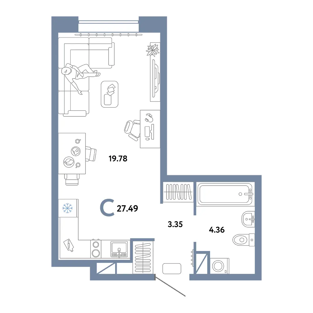 Планировка: Юнион Студия 27,49м²