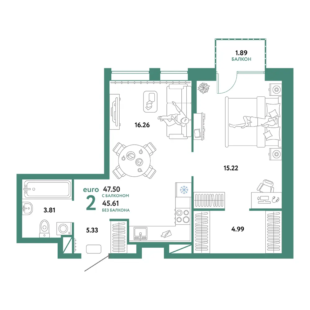 Планировка: Юнион 2-комнатная 47,50м²