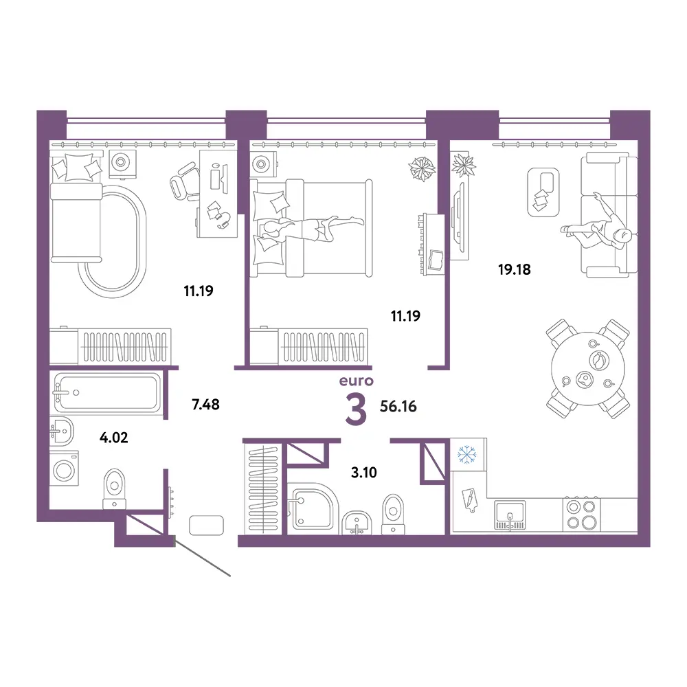 Планировка: Юнион 3-комнатная 56,16м²