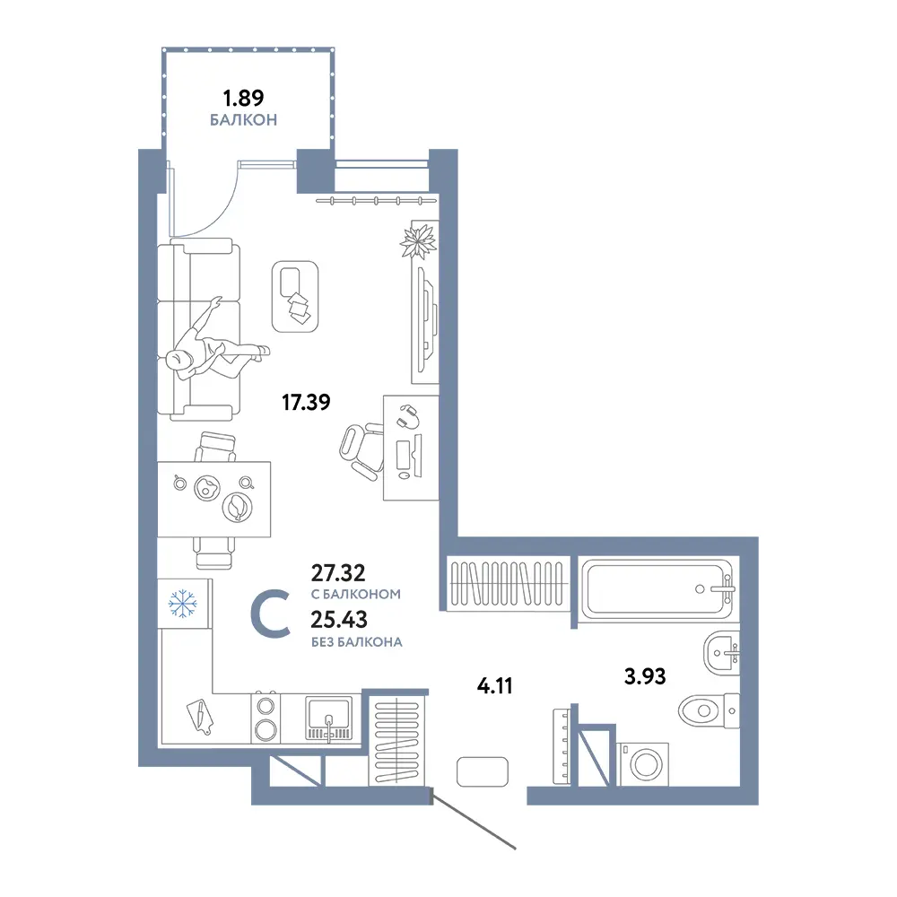 Планировка: Юнион Студия 27,32м²