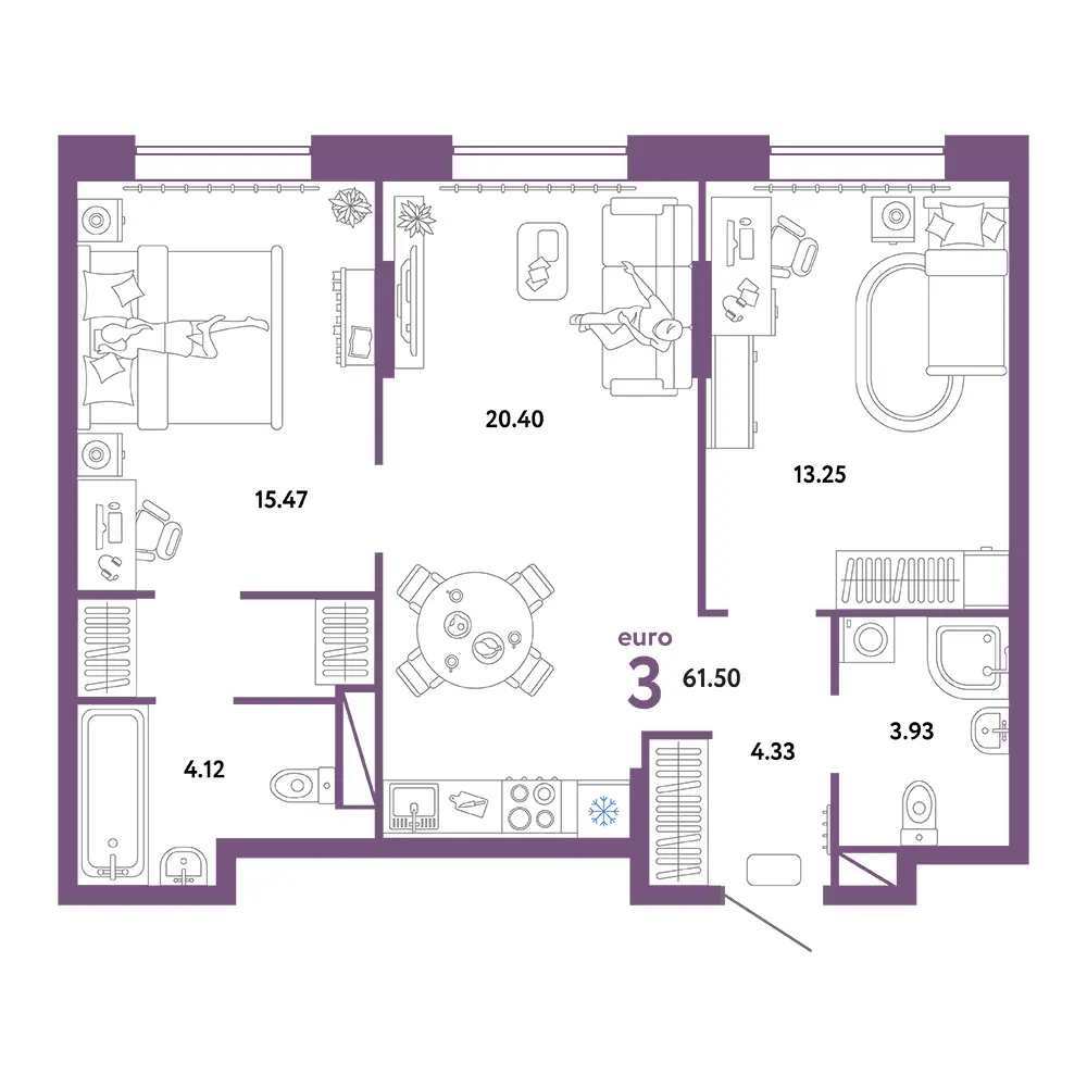 Планировка: Юнион 3-комнатная 61,50м²