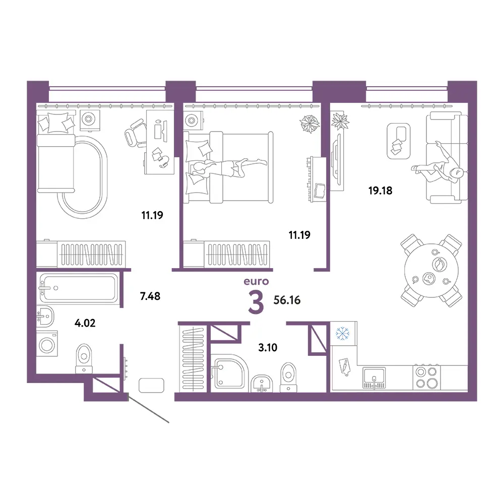 Планировка: Юнион 3-комнатная 56,16м²
