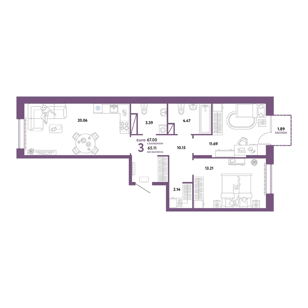Планировка: Юнион 3-комнатная 67,00м²