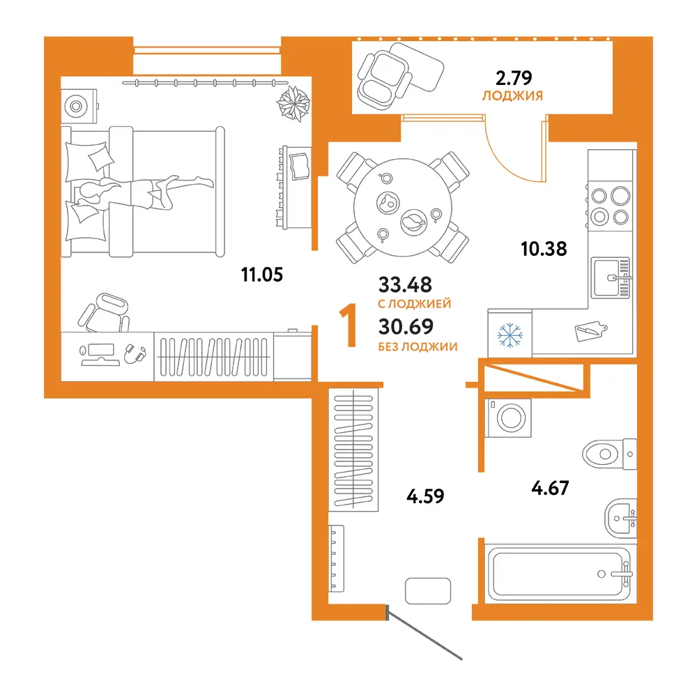 Планировка: Юнион 1-комнатная 33,48м²