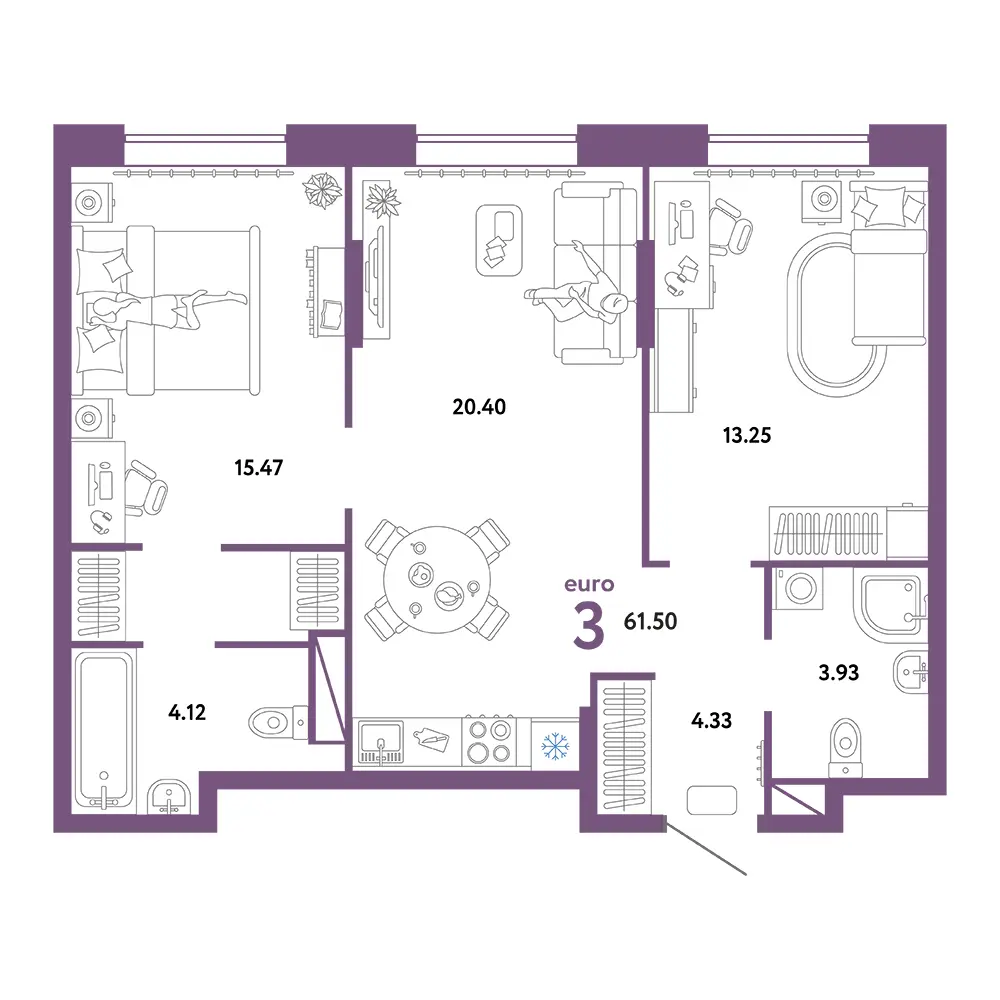 Планировка: Юнион 3-комнатная 61,50м²