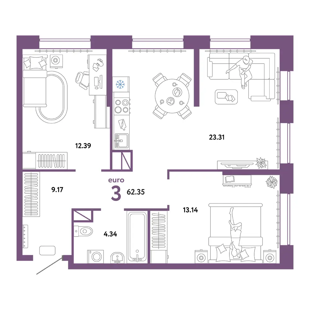 Планировка: Юнион 3-комнатная 62,35м²