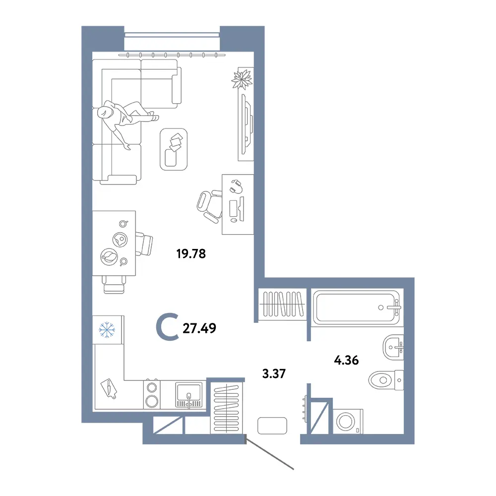 Планировка: Юнион Студия 27,49м²