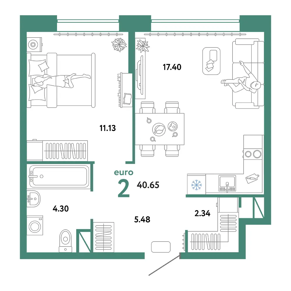 Планировка: Юнион 2-комнатная 40,65м²