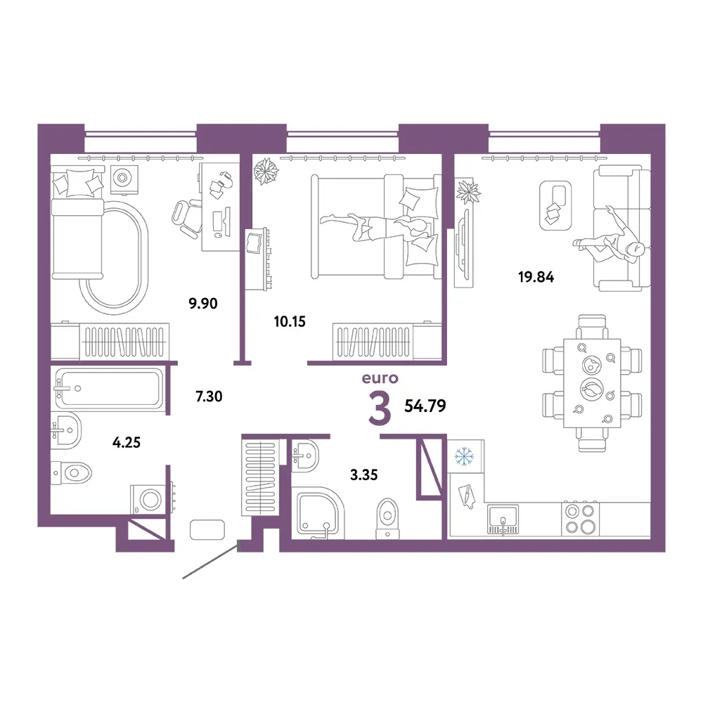 Планировка: Юнион 3-комнатная 54,79м²