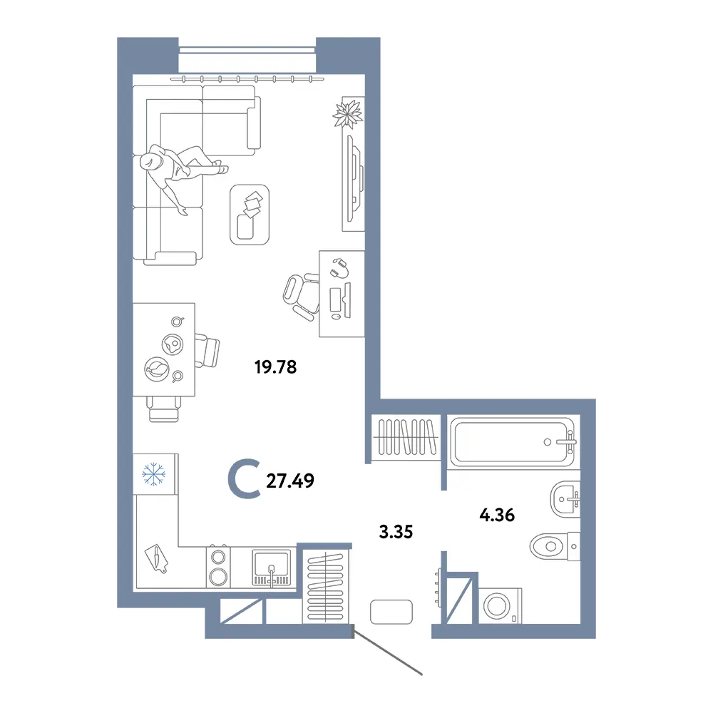Планировка: Юнион Студия 27,49м²