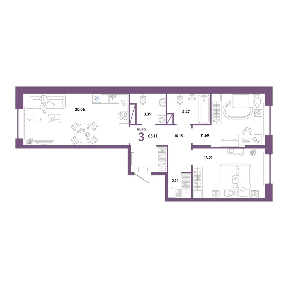 Планировка: Юнион 3-комнатная 65,11м²