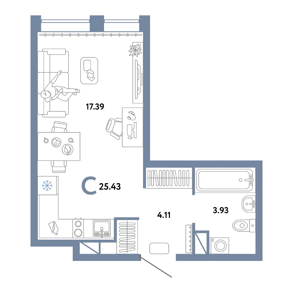 Планировка: Юнион Студия 25,43м²