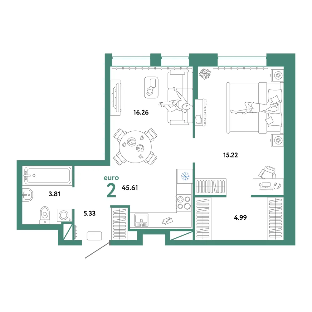 Планировка: Юнион 2-комнатная 45,61м²