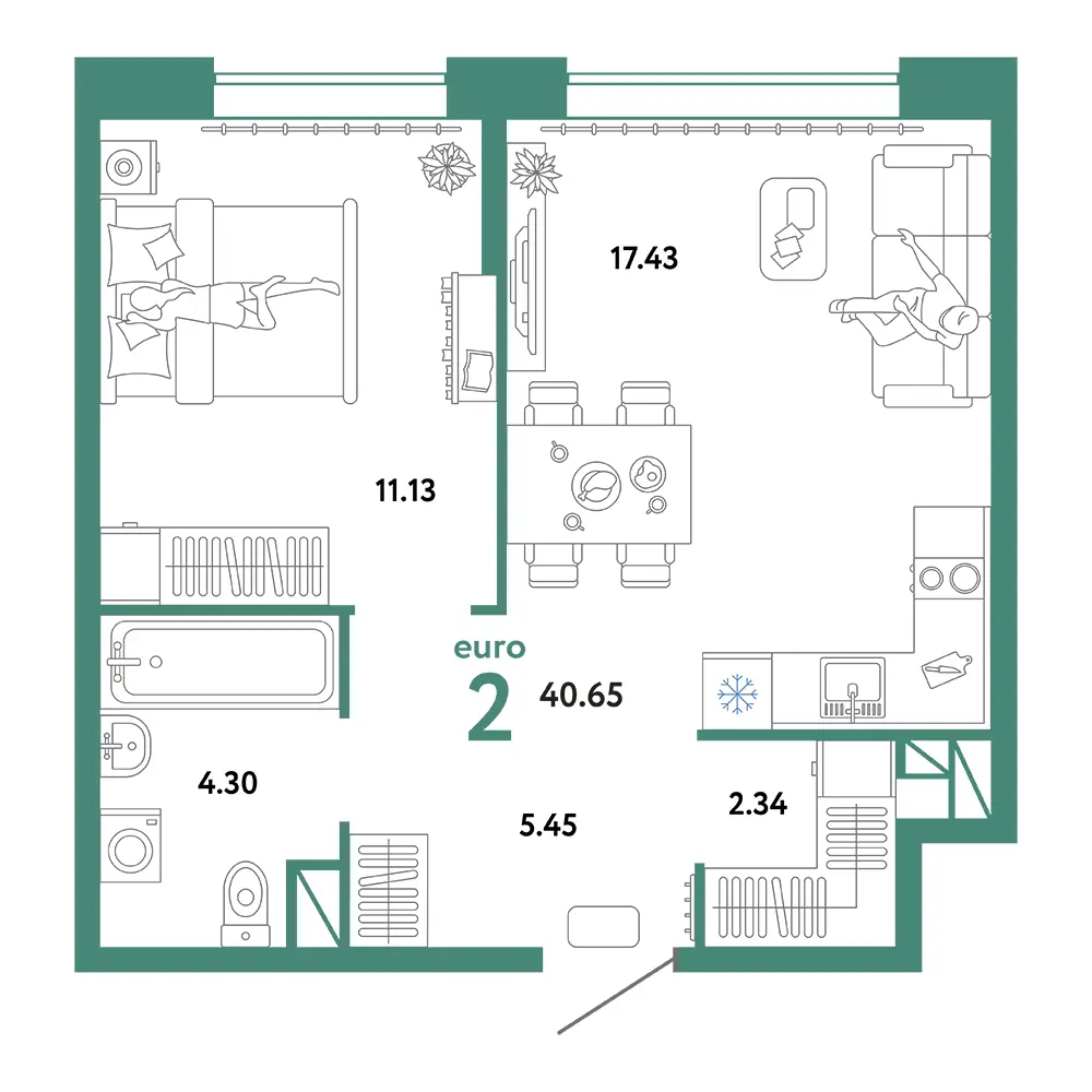 Планировка: Юнион 2-комнатная 40,65м²