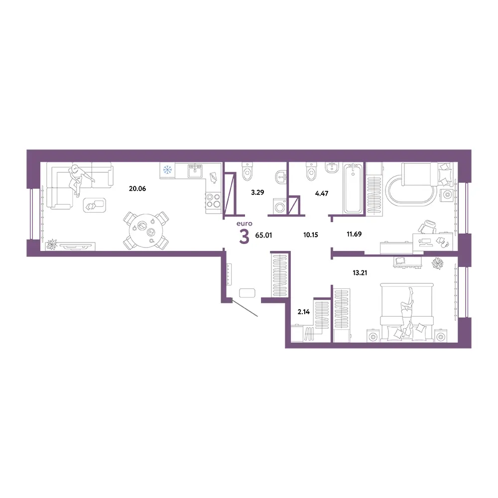 Планировка: Юнион 3-комнатная 65,01м²